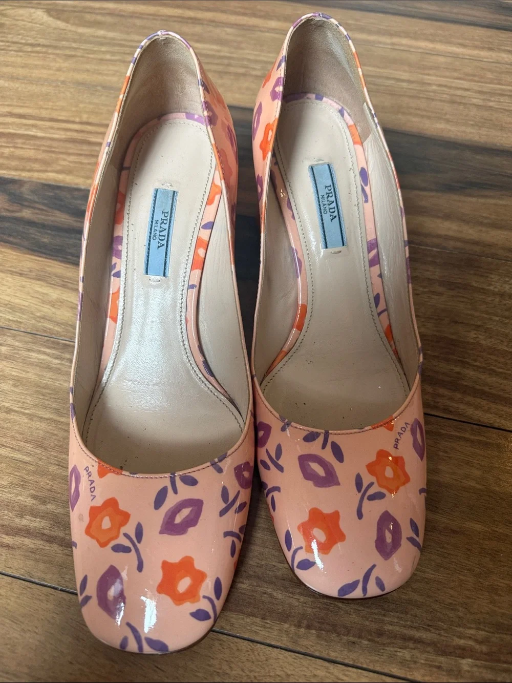 Prada Peach Floral Block Heel Pumps sz 39 - Picture 10 of 12